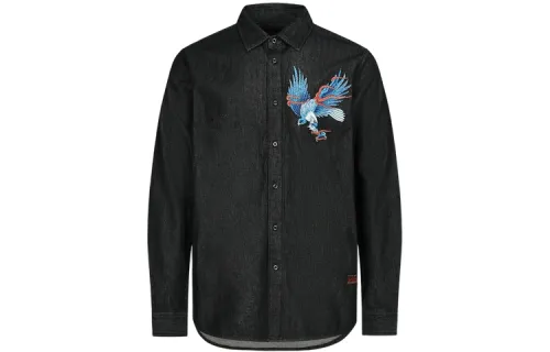 EVISU Shirts Men's Black Lapel Moderate Denim