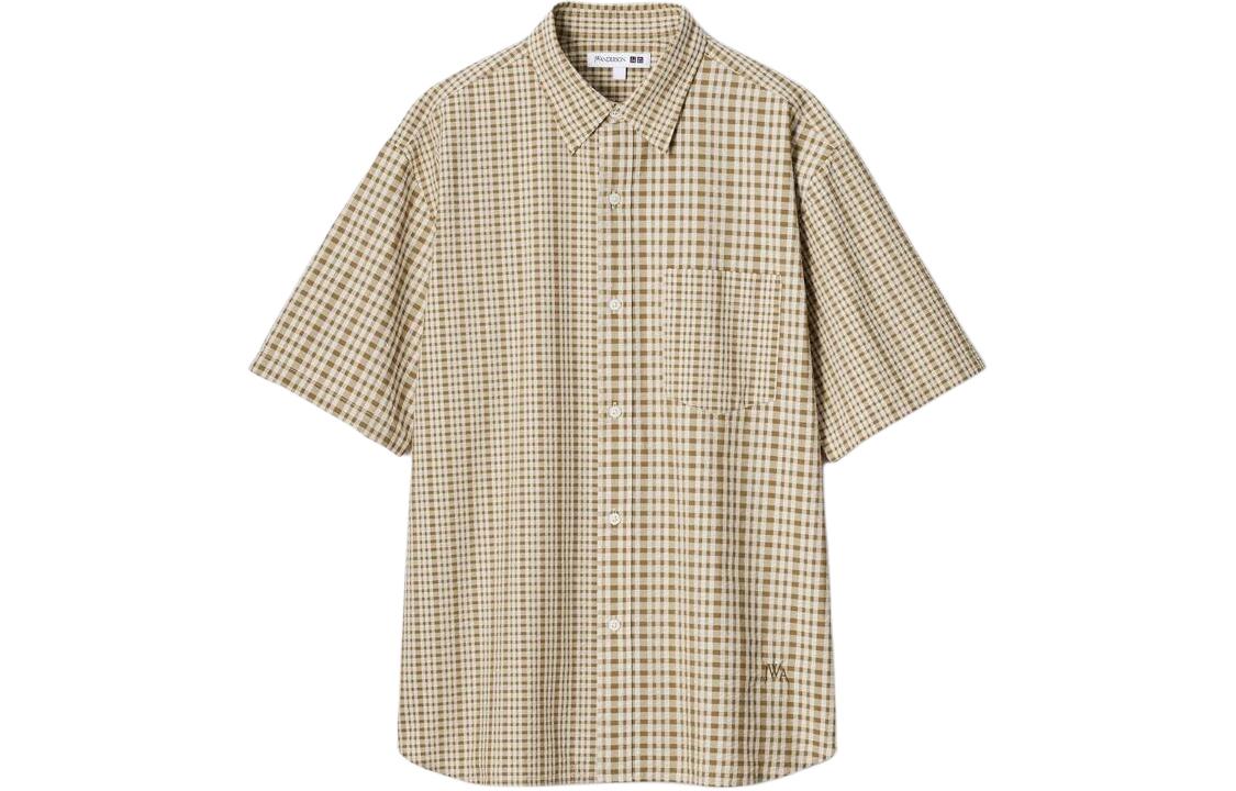 UNIQLO x JWANDERSON joint model SS24 JW Anderson joint series plaid peak collar button-down short-sleeved shirt men's dark beige