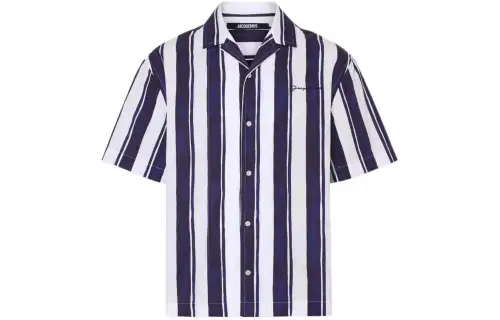Jacquemus SS24 Le Mariage Series Bowling shirt with contrasting stripes Contrast stripe printed cotton short-sleeved shirt Men's Blue/Blue