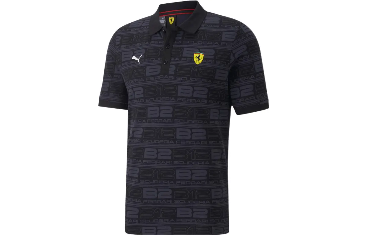 PUMA Scuderia Ferrari Polo Shirts Men's Black Polo Collar Moderate Straight Fit