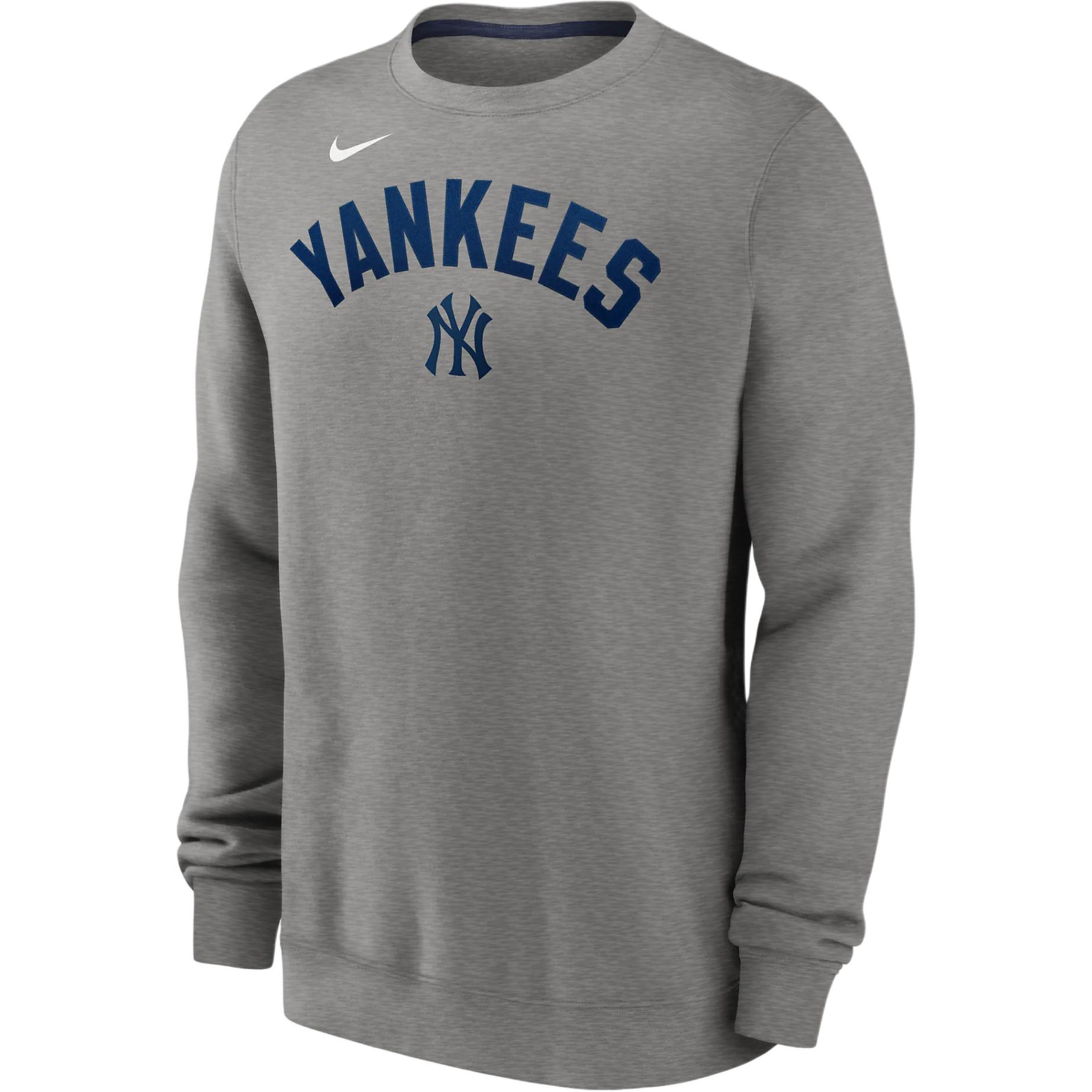 Nike X MLB joint model New York Yankees Classic logo logo letter print pattern American sweatshirt ribbed round neck fleece lining pullover sweatshirt New York Yankees Men's Gray