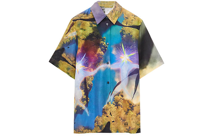 LOEWE X Howl's Moving Castle joint model SS23 contrasting printed short-sleeved shirt, same style for men and women, multi-color