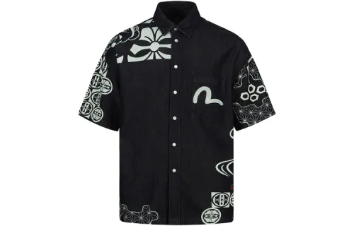 EVISU Shirts Men's Navy Blue All Over Print Crew Neck Moderate Other