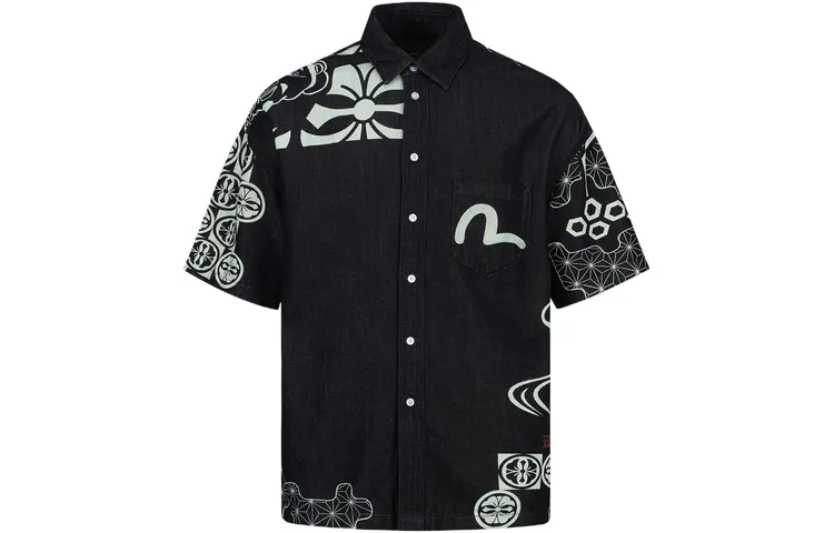 EVISU Shirts Men's Navy Blue All Over Print Crew Neck Moderate Other