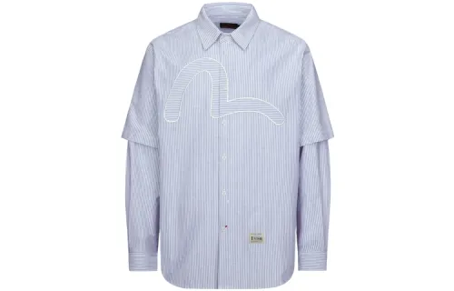 EVISU Shirts Men's Dark Blue Stripes Lapel Moderate Mock Two Piece