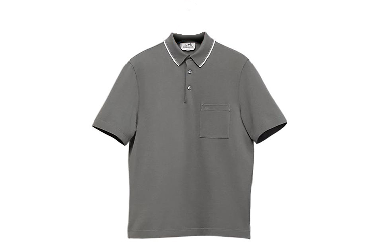 HERMES Polo Shirts Men's Gray Polo Collar Moderate Straight Fit