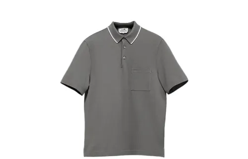 HERMES Polo Shirts Men's Gray Polo Collar Moderate Straight Fit