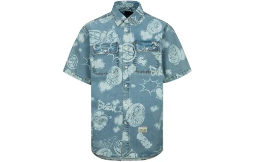 EVISU Shirts Men's Denim Blue Lapel Moderate Denim