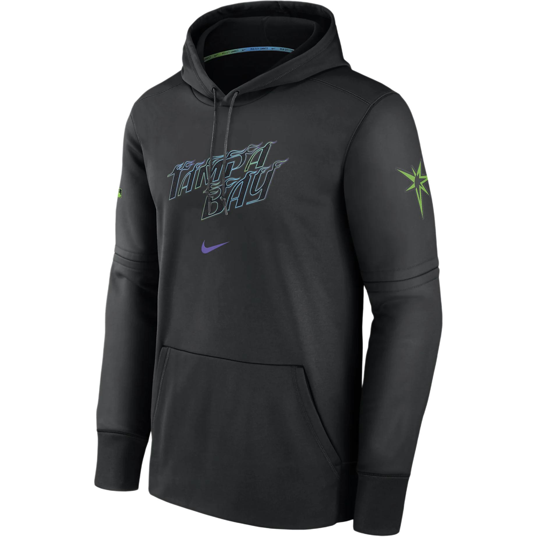 Nike X MLB joint model Tampa Bay Rays City Connect Practice logo logo letter print pattern fleece lining hooded pullover sweatshirt Tampa Bay Rays Men's Black