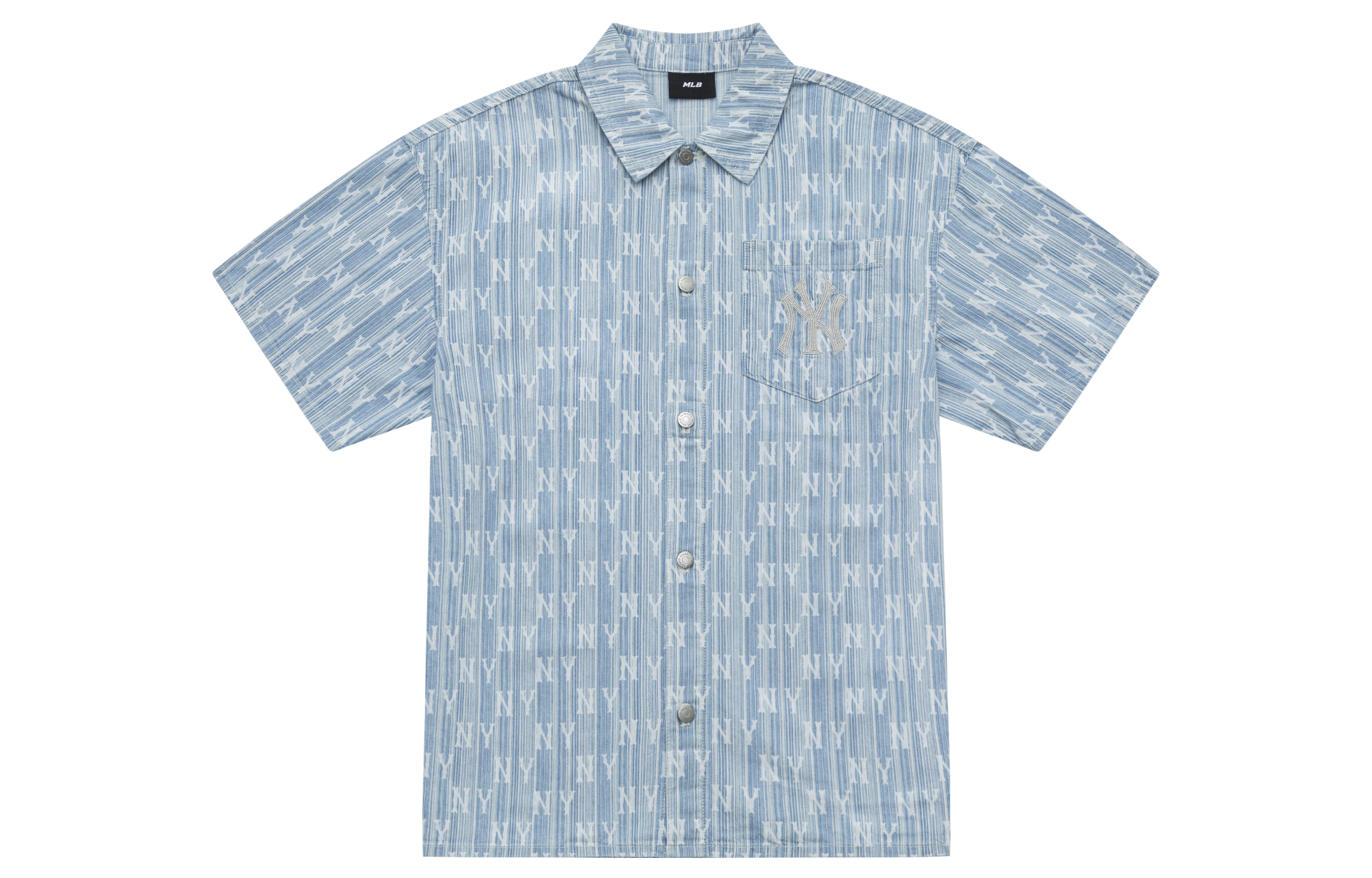 MLB New York Yankees SS24 all-over printed presbyopic single-breasted casual and comfortable denim short-sleeved shirt, same style for men and women, light blue