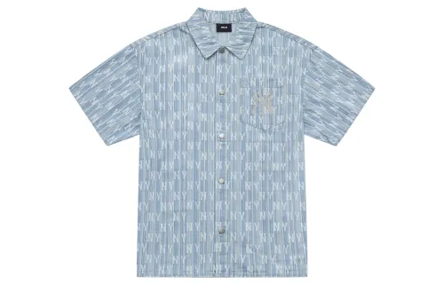 MLB New York Yankees SS24 all-over printed presbyopic single-breasted casual and comfortable denim short-sleeved shirt, same style for men and women, light blue