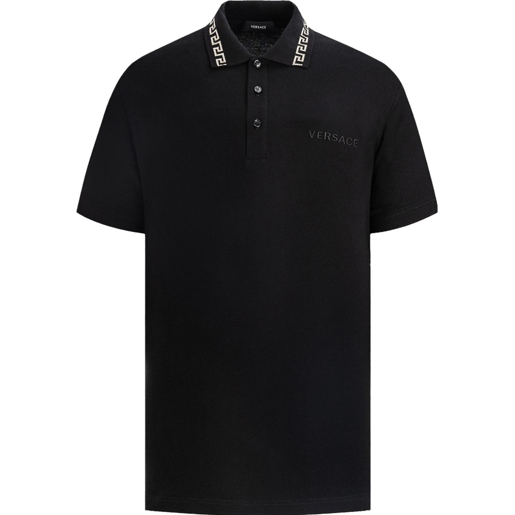 Versace, black polo, logo embroidery service, loose straight fit, with short sleeve
