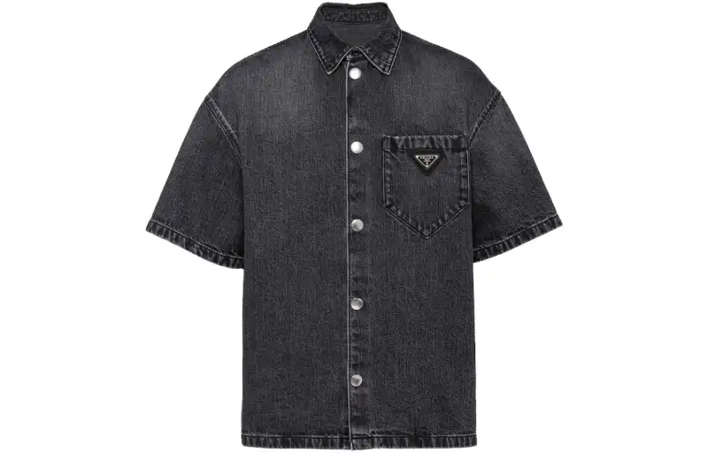 PRADA Logo Plaque Short Sleeved Denim Shirt