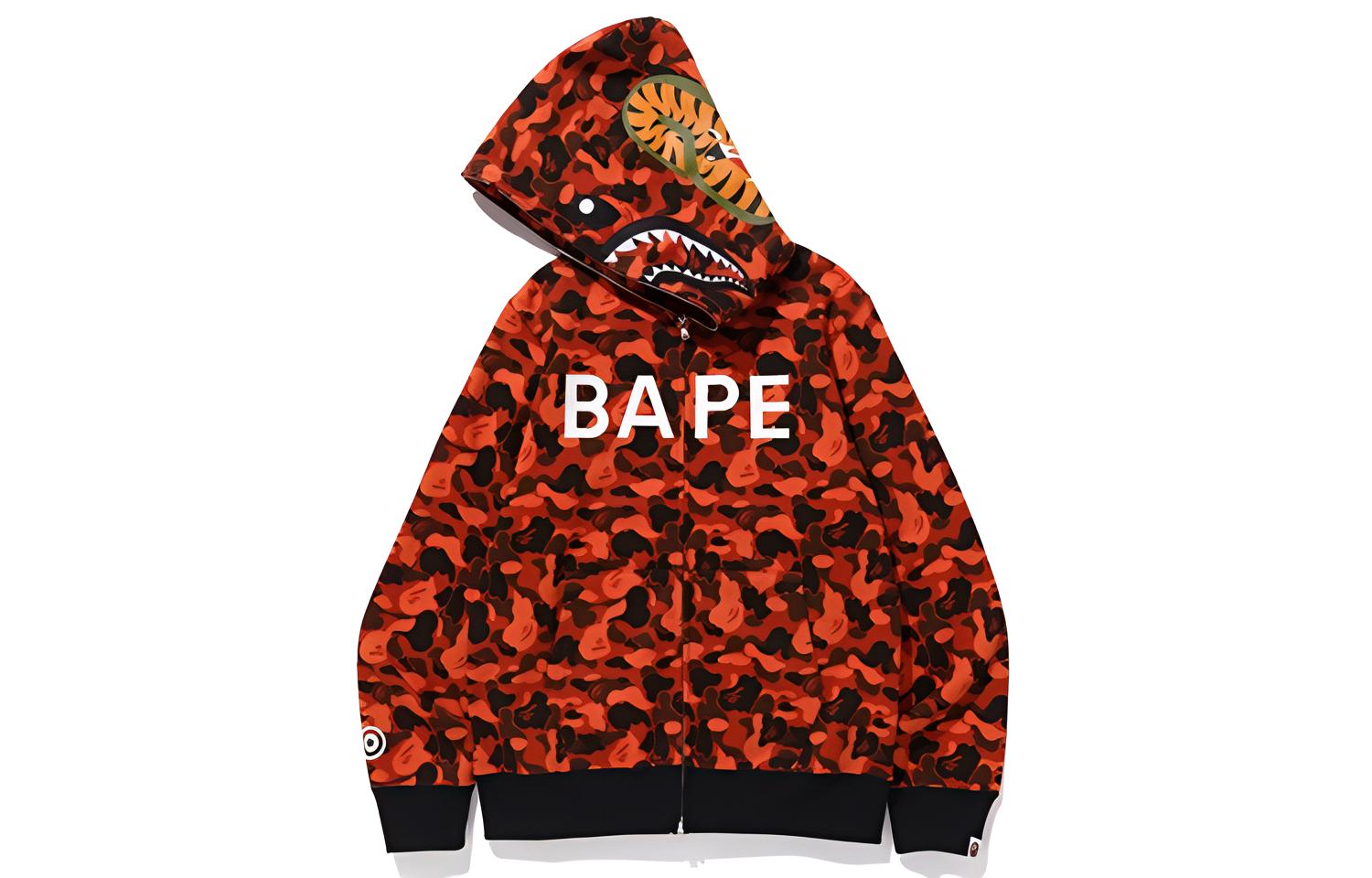 Мужское худи A BATHING APE x XO Camo Shark Full Zip Hoodie (оранжево-черное) — фото 2