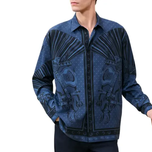 HERMES Shirts Men's Ocean Blue Lapel Moderate Other