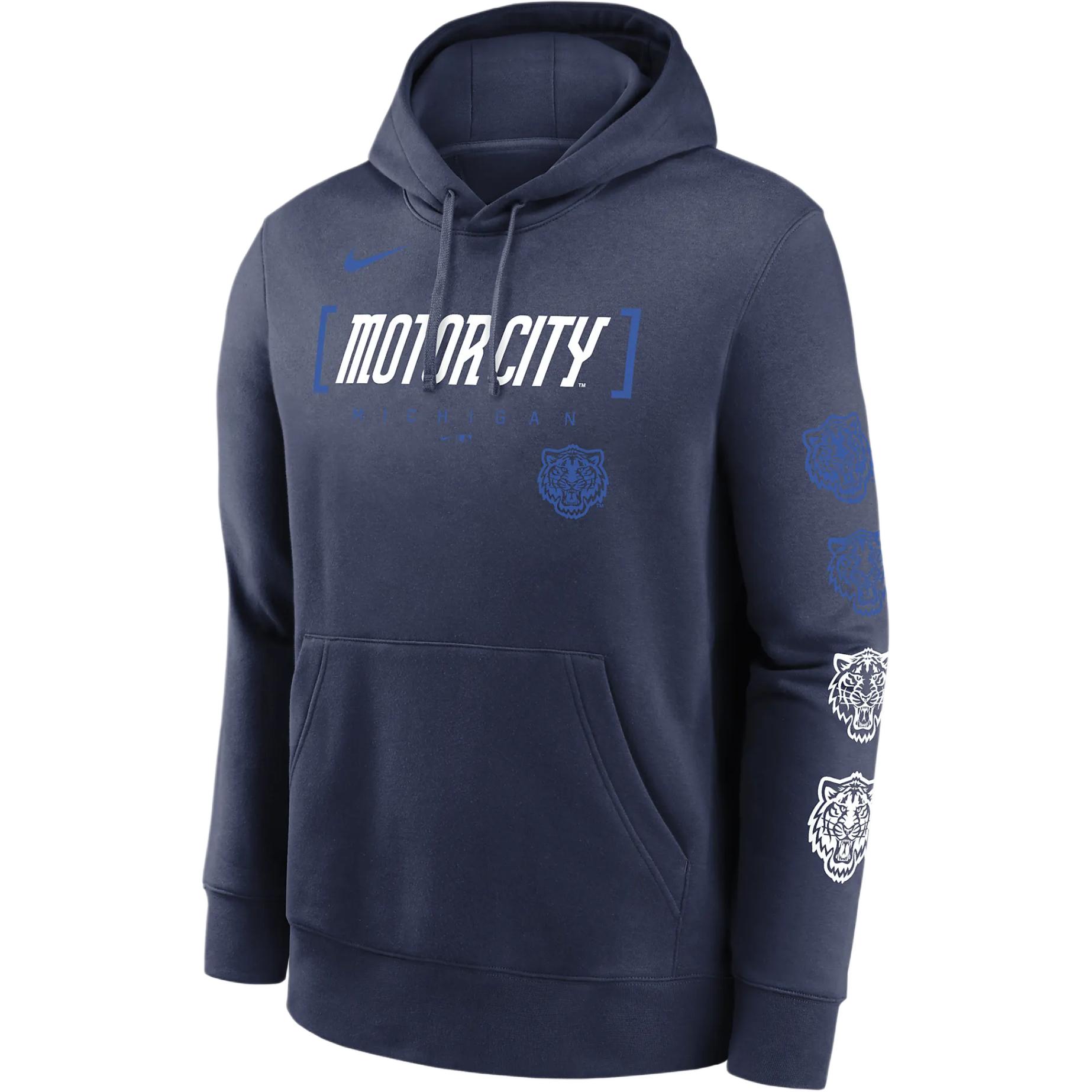 Nike X MLB joint Detroit Tigers City Connect Club logo logo letter print animal pattern fleece lining comfortable hooded pullover sweatshirt men's navy blue