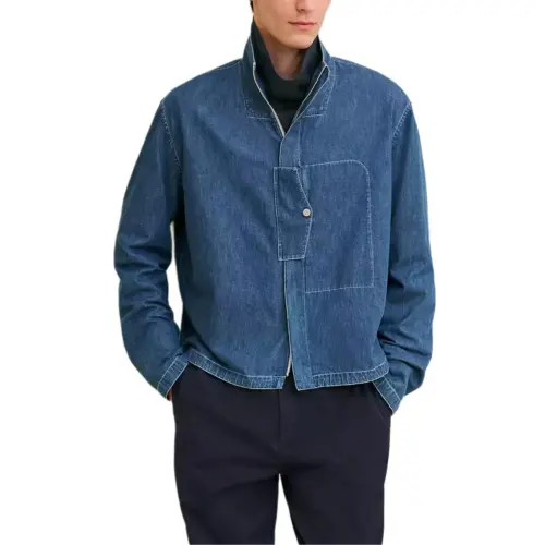 HERMES Shirts Men's Blue Lapel Moderate Other