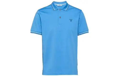 PRADA Polo Shirts Men's Blue Crew Neck Moderate Straight Fit