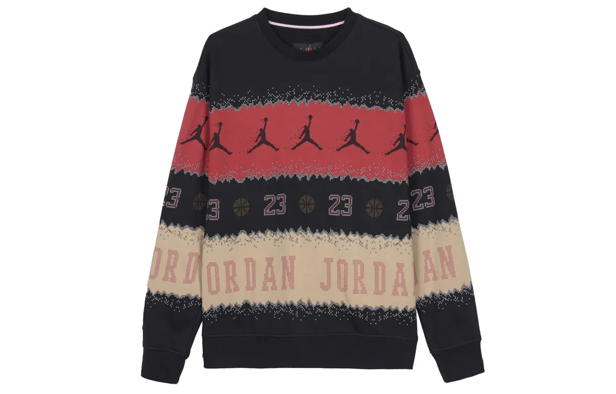 Jordan Essentials Holiday Logo Print Crew Neck Fleece Lined Casual Long Sleeved Sweatshirt Men's Red Black