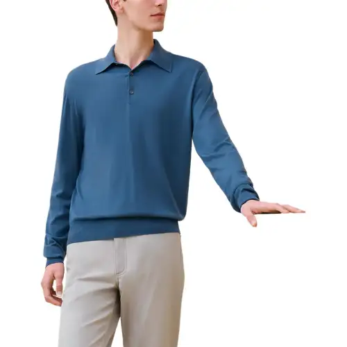 HERMES Polo Shirts Men's Blue Polo Collar Moderate Straight Fit