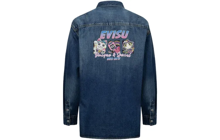 EVISU Shirts Unisex Denim Blue Lapel Moderate Denim