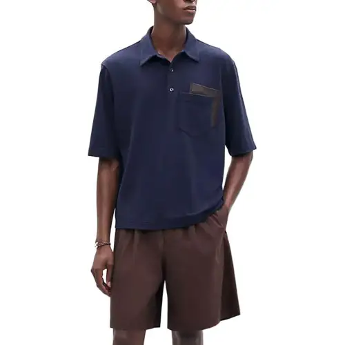 HERMES Polo Shirts Men's Blue Polo Collar Moderate