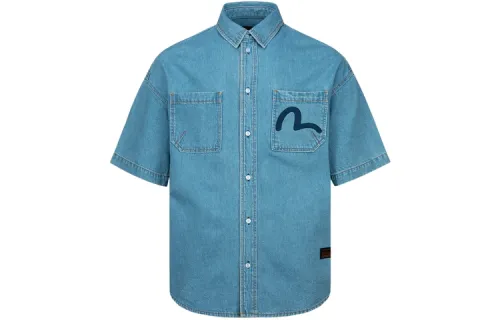 EVISU Shirts Men's Denim Blue Lapel Moderate Denim