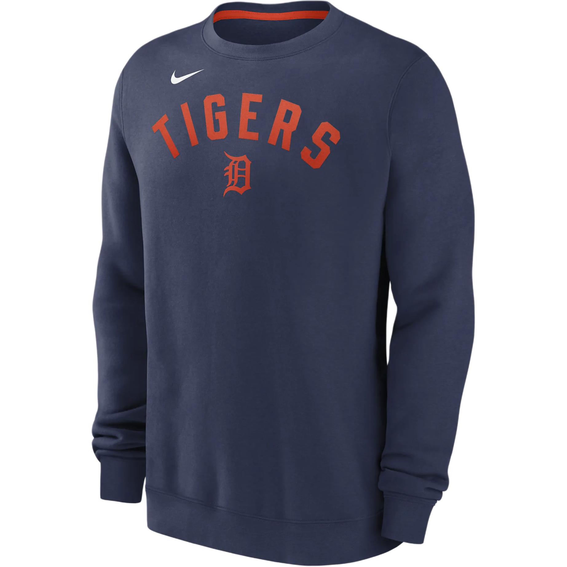 Nike X MLB joint Detroit Tigers Classic logo letter print fleece lining ribbed round neck comfortable pullover American retro sweatshirt men's navy blue
