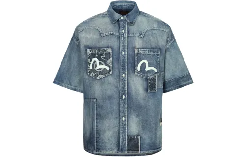EVISU Shirts Men's Denim Blue Lapel Moderate Denim