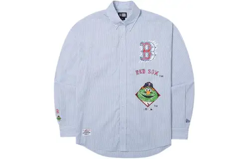 New Era College Renewal Series SS24 MLB Boston Red Sox Striped Loose Simple Embroidered Long Sleeve Shirt Uniform for Men and Women Blue