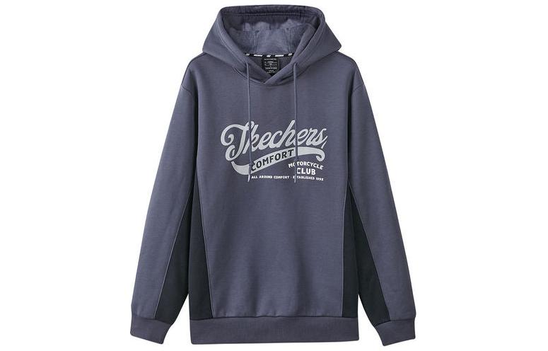 Skechers Colorful Patchwork Letter Hooded Pullover Fleece Lined Sweatshirt Men's Odyssey Gray