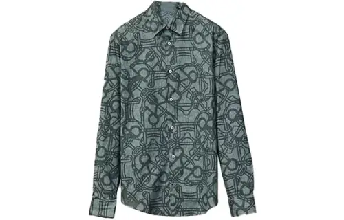 HERMES Shirts Men's Green Stand Collar Moderate