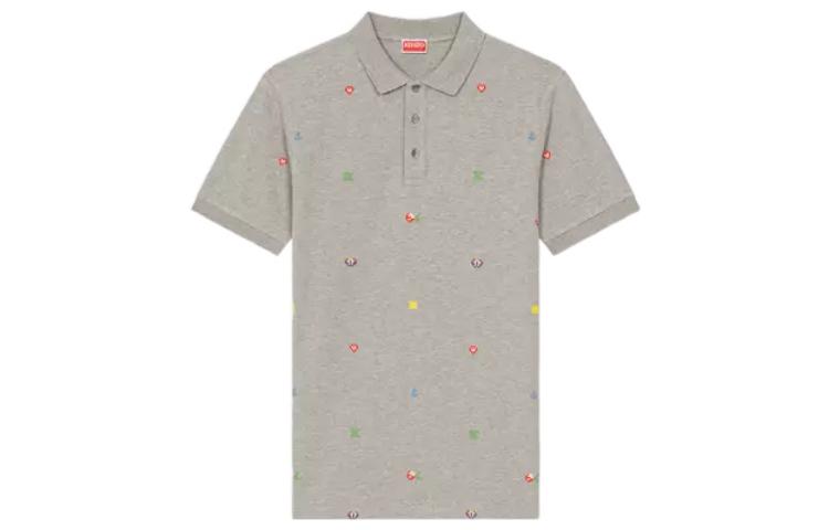 KENZO X Nigo joint model SS23 pixel style series pixel flower embroidered short-sleeved Polo shirt for men, pearl gray