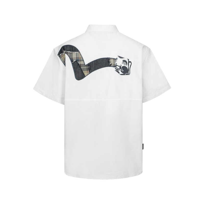 God of Fortune EVISU SS24 Buddha Head Print and Patchwork Seagull Wide Edition Short Sleeve Shirt Men's White