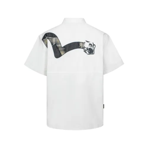 God of Fortune EVISU SS24 Buddha Head Print and Patchwork Seagull Wide Edition Short Sleeve Shirt Men's White