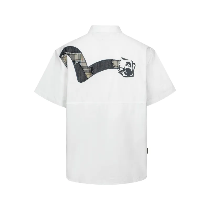 God of Fortune EVISU SS24 Buddha Head Print and Patchwork Seagull Wide Edition Short Sleeve Shirt Men's White