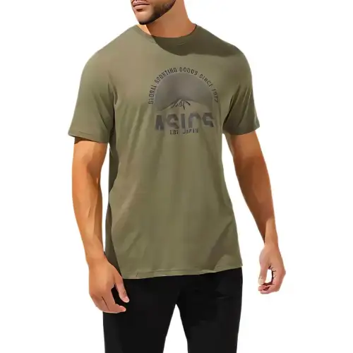 ASICS T Shirts Men's Green Crew Neck Moderate Straight Fit