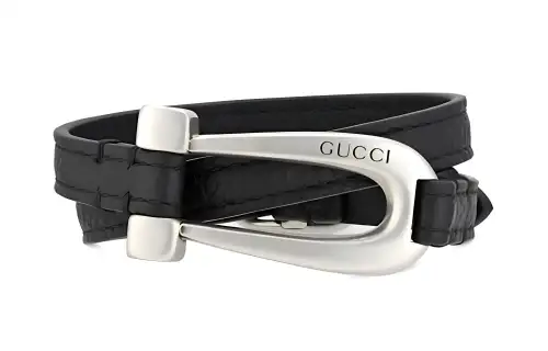 GUCCI 925 Sterling Silver Leather Wristbands Men's Black