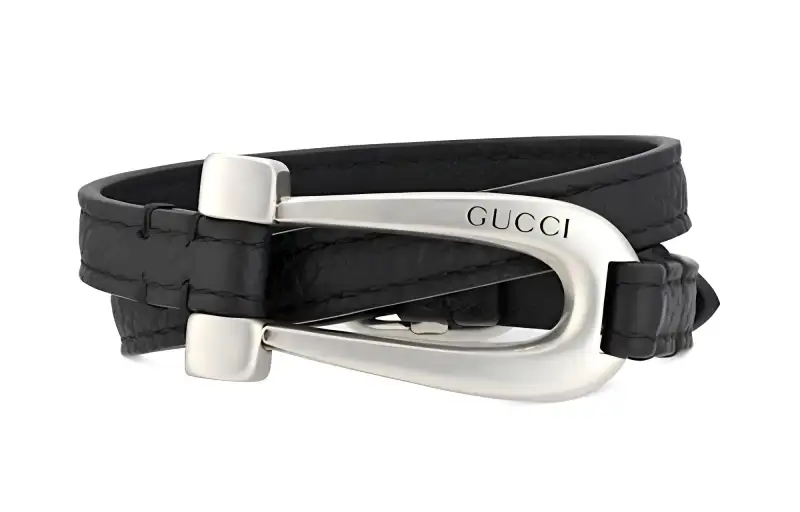 GUCCI 925 Sterling Silver Leather Wristbands Men's Black