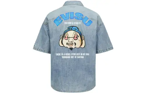 EVISU Shirts Men's Denim Blue Pointed Collar Moderate Other