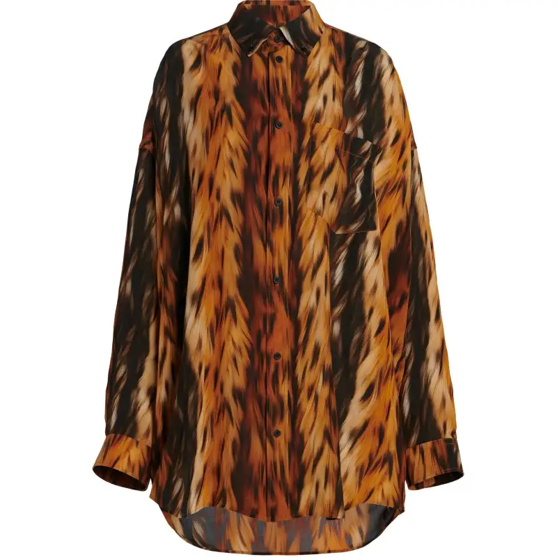 Balenciaga Fur Print Collared Long-Sleeve Shirt