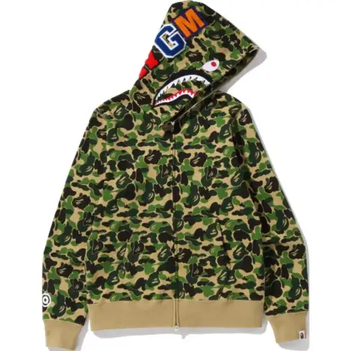 A BATHING APE SS24 Abc contrasting color stitching camouflage shark zipper hooded sweatshirt men's style