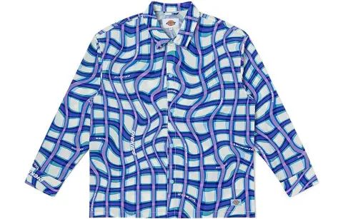 Dickies Shirts Unisex Sky Blue Wave Plaid Pointed Collar Moderate Shirt