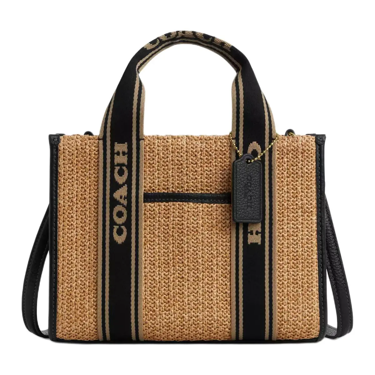 COACH Smith Straw With Leather Handbags Medium Women's Khaki & Black