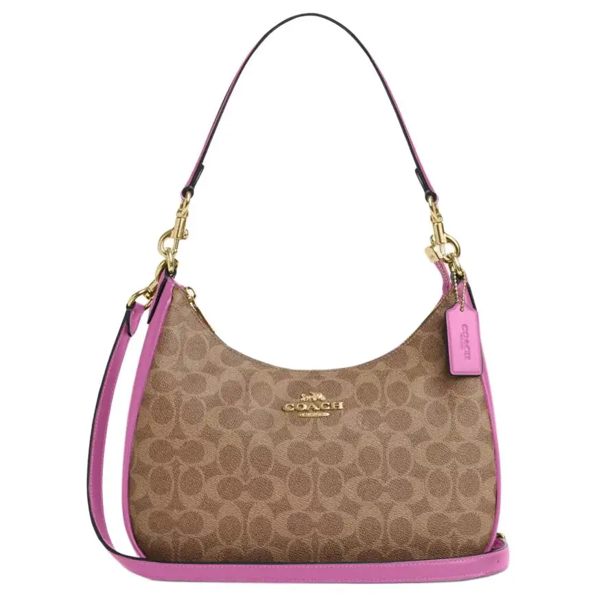COACH Teri Coated Canvas Crescent Bag, Portable Crossbody Bag, Shoulder Bag Large Women's Brown & Rose Red