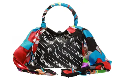 Balenciaga Silk Scarf Cow Leather Shoulder Bag, Handbag Women's Black