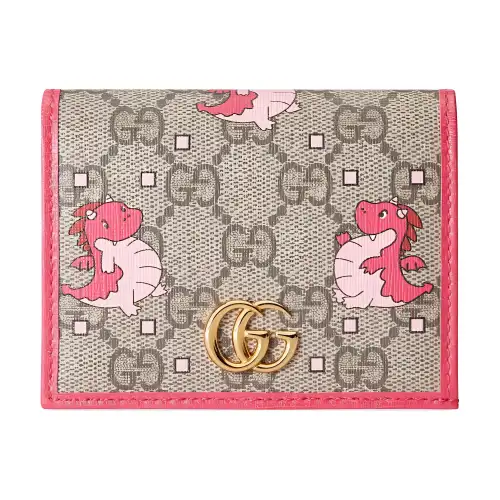 GUCCI Canvas With Leather Card Holder Women's Pink & Brown