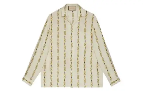 GUCCI Shirts Men's Beige Yellow Cuban Collar Moderate Other