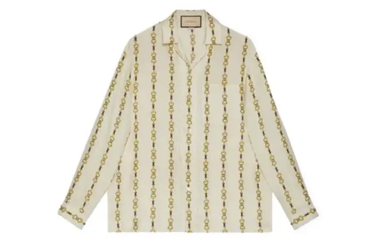GUCCI Shirts Men's Beige Yellow Cuban Collar Moderate Other