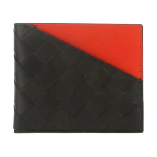 Bottega Veneta Hand Woven Leather Card Holder, Wallet Unisex Black Red Multicolor